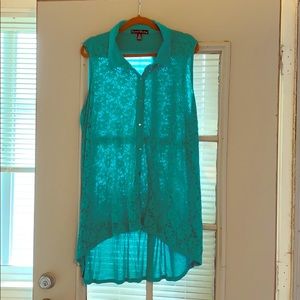 Turquoise Lace Front Button up Tunic w/collar